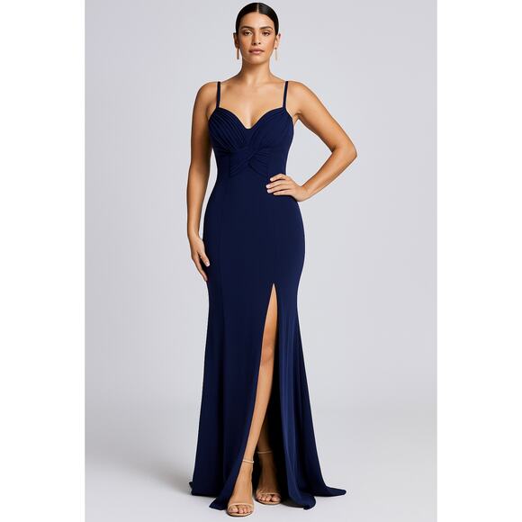 Niteline Della Roufogali 10 Pleated Crisscross Maxi Gown Navy Sweetheart - Picture 1 of 9